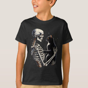 Skeleton Playing With A Cat Graphic Skull Cat Grap T-Shirt