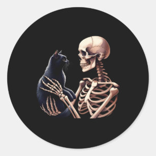 Skeleton Playing With A Cat Graphic Skull Cat Love Classic Round Sticker