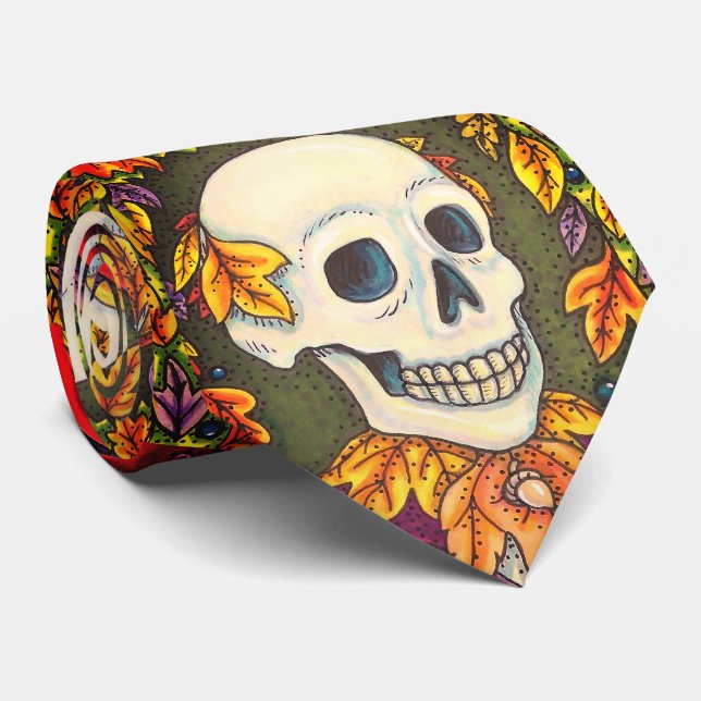 SKELETON PORTRAIT, SKULL, AUTUMN LEAVES NECK TIE (Rolled)