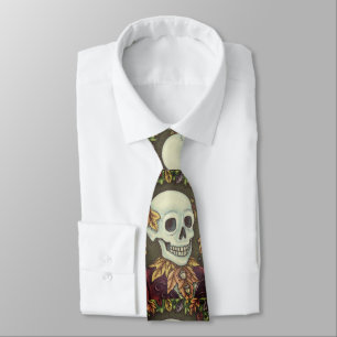SKELETON PORTRAIT, SKULL, AUTUMN LEAVES NECK TIE
