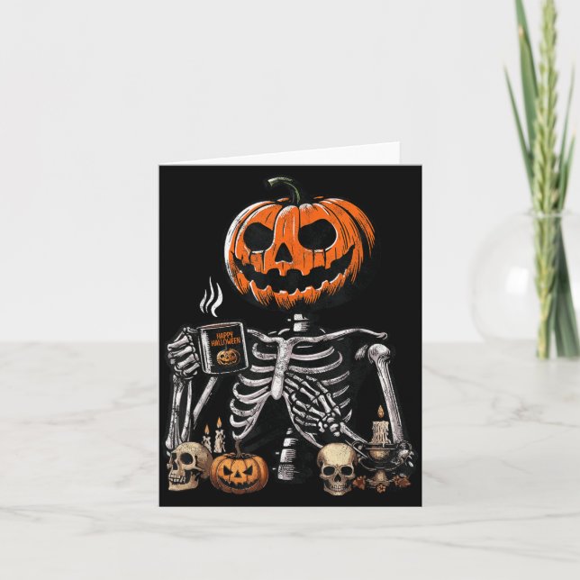 Skeleton Pumpkin Coffee Drinking Funny Halloween Card (Front)