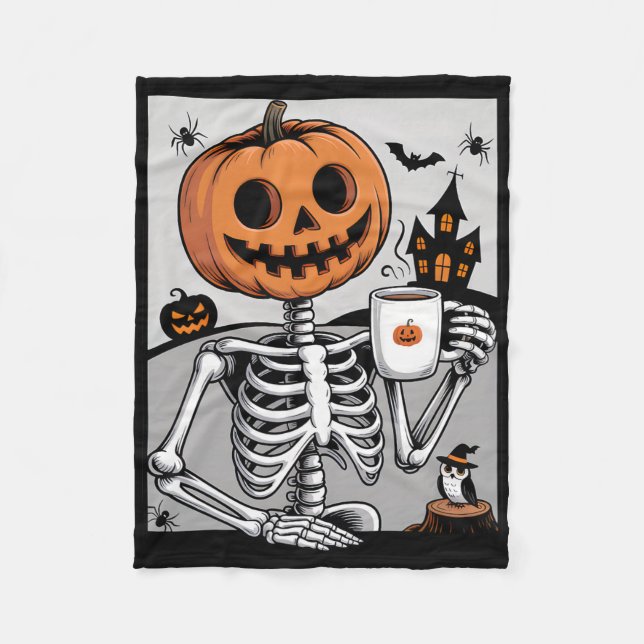 Skeleton Pumpkin Drinking Coffee Men Women Hallowe Fleece Blanket (Front)
