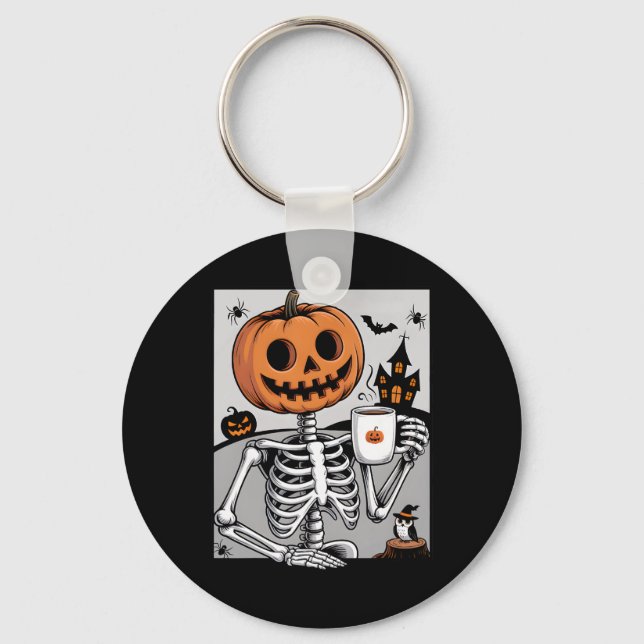 Skeleton Pumpkin Drinking Coffee Men Women Hallowe Keychain (Front)