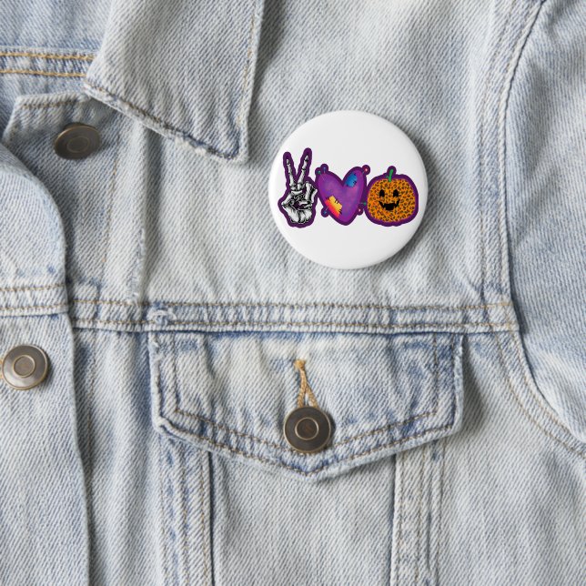 Skeleton Pumpkin Peace Love Halloween 2 Inch Round Button (In Situ)