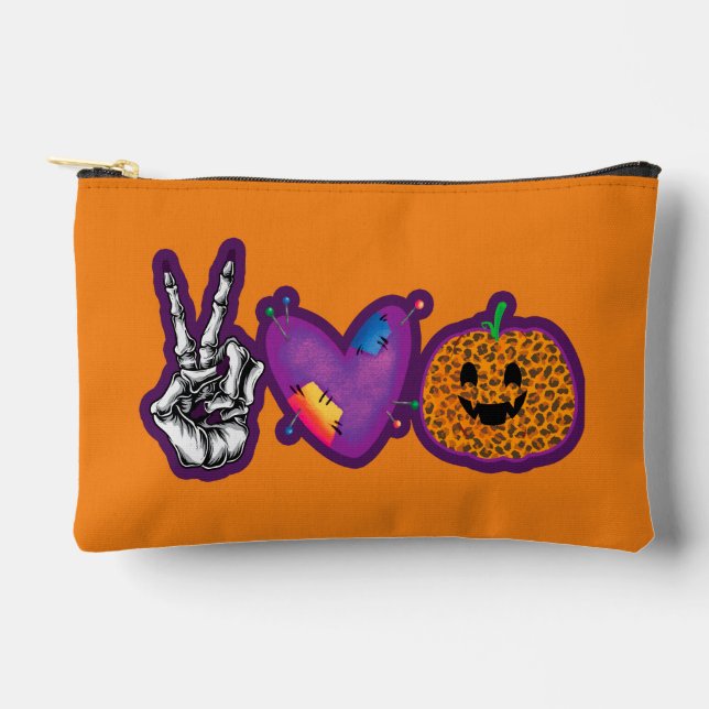 Skeleton Pumpkin Peace Love Halloween Accessory Pouch (Front)