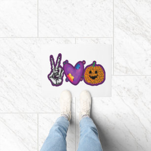 Skeleton Pumpkin Peace Love Halloween Doormat