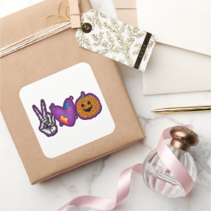 Skeleton Pumpkin Peace Love Halloween Square Sticker
