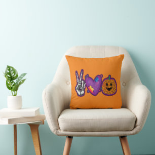 Skeleton Pumpkin Peace Love Halloween Throw Pillow