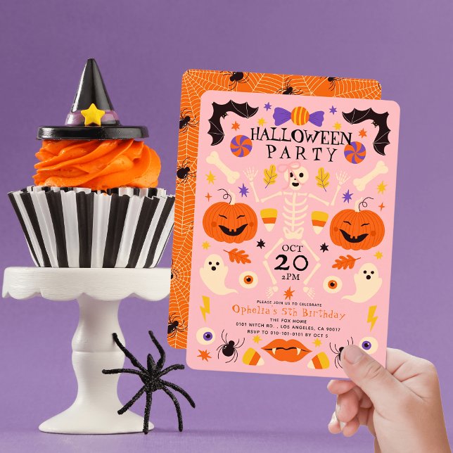 Skeleton Pumpkins Ghosts Pink Halloween Birthday Invitation (Creator Uploaded)