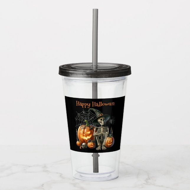 Skeleton Pumpkins Halloween Acrylic Tumbler (Front)