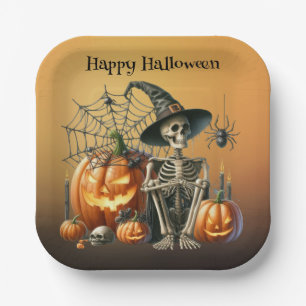 Skeleton Pumpkins Halloween Paper Plates