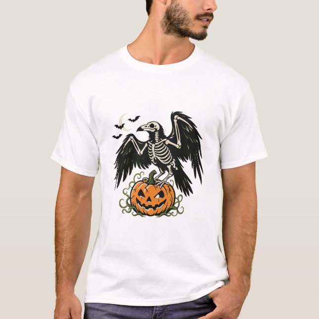 Skeleton Raven Pumpkin Halloween T-Shirt (Front)