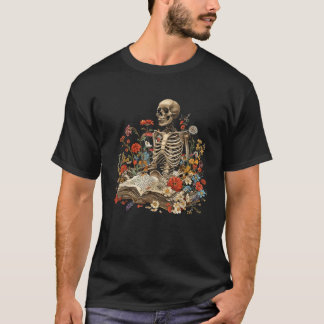 Skeleton Reading Book Flowers Halloween Cottagecor T-Shirt