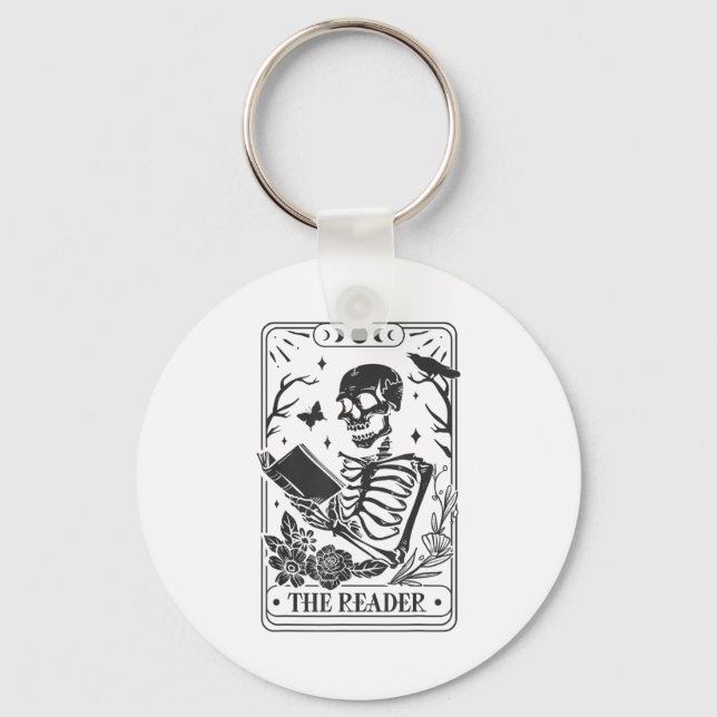 Skeleton Reading Book Lover Funny The Reader Tarot Keychain (Front)
