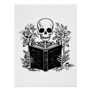 Skeleton reading romance book poster