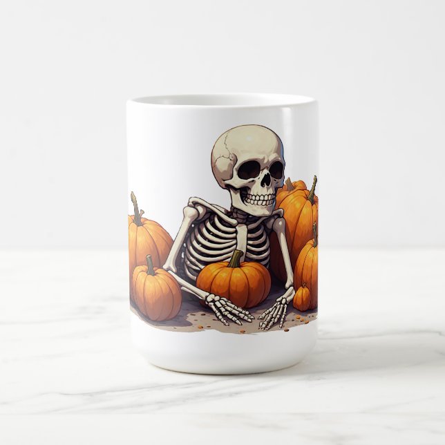 Skeleton Relaxing In Pumpkin Patch Halloween 🎃 Coffee Mug (Center)