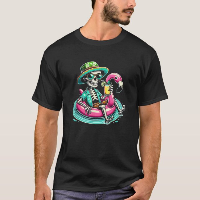 Skeleton Relaxing On Flamingo Float Beach Vibes Ha T-Shirt (Front)