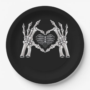 Skeleton Ribs Hand Heart Sign Paper Plate