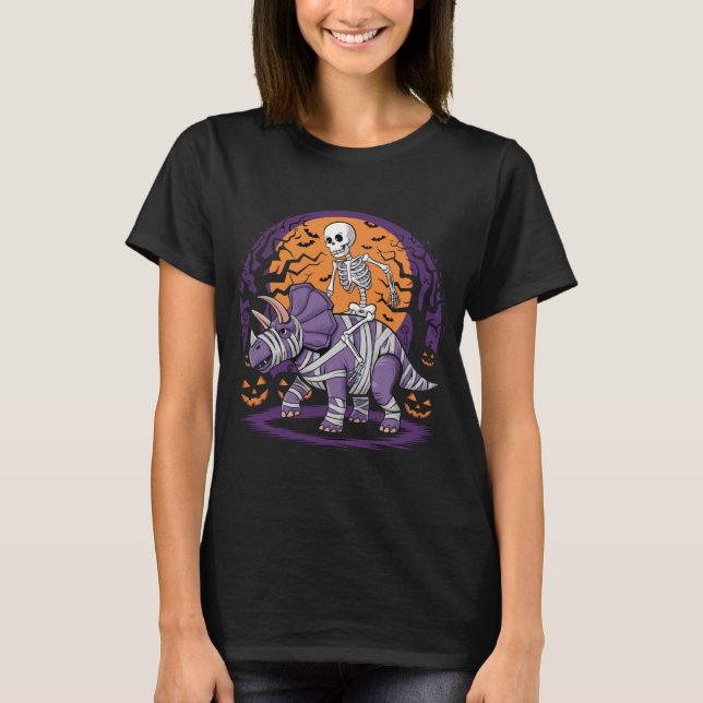 Skeleton rides a triceratops Halloween  T-Shirt (Front)
