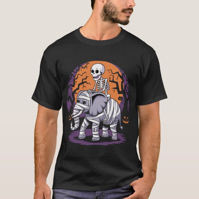 Skeleton riding an elephant halloween T-Shirt (Front)