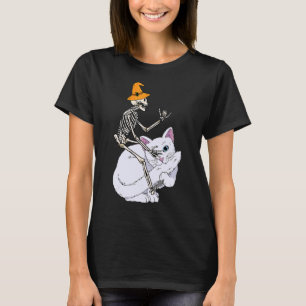 Skeleton Riding Cat Lazy Halloween Costume Cute Ki T-Shirt
