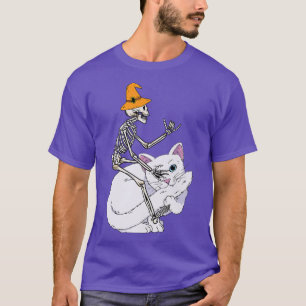 Skeleton Riding Cat Lazy Halloween Costume Cute Ki T-Shirt
