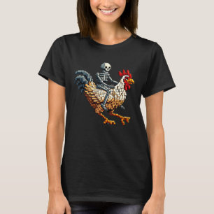 Skeleton Riding Chicken Block Style Pixel Art Gami T-Shirt