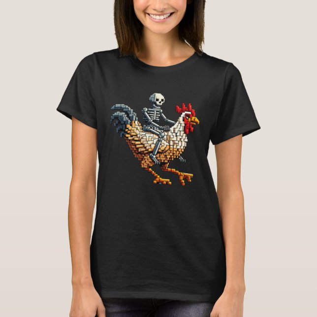 Skeleton Riding Chicken Block Style Pixel Art Gami T-Shirt (Front)