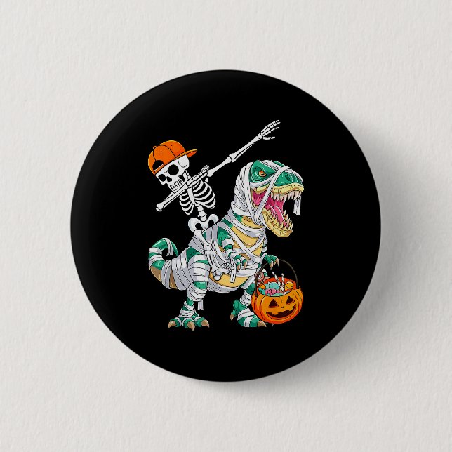 Skeleton Riding Dancing Dab Dinosaur T Rex Hallowe 2 Inch Round Button (Front)