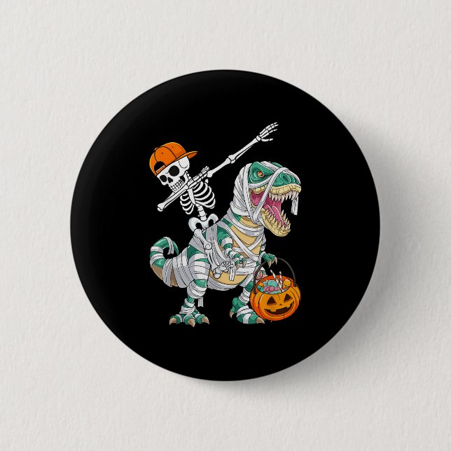 Skeleton Riding Dancing Dab Dinosaur T Rex Hallowe 2 Inch Round Button (Front)