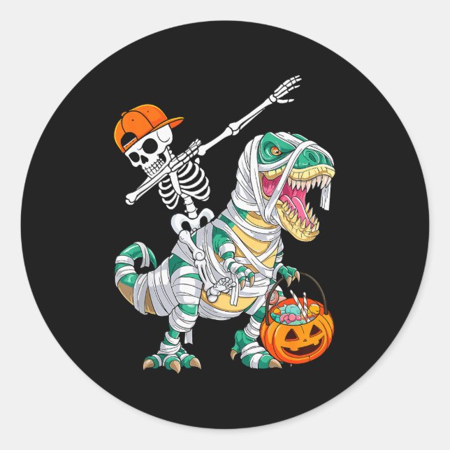 Skeleton Riding Dancing Dab Dinosaur T Rex Hallowe Classic Round Sticker (Front)