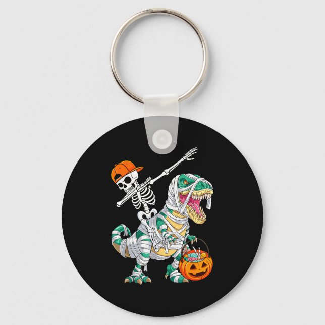 Skeleton Riding Dancing Dab Dinosaur T Rex Hallowe Keychain (Front)