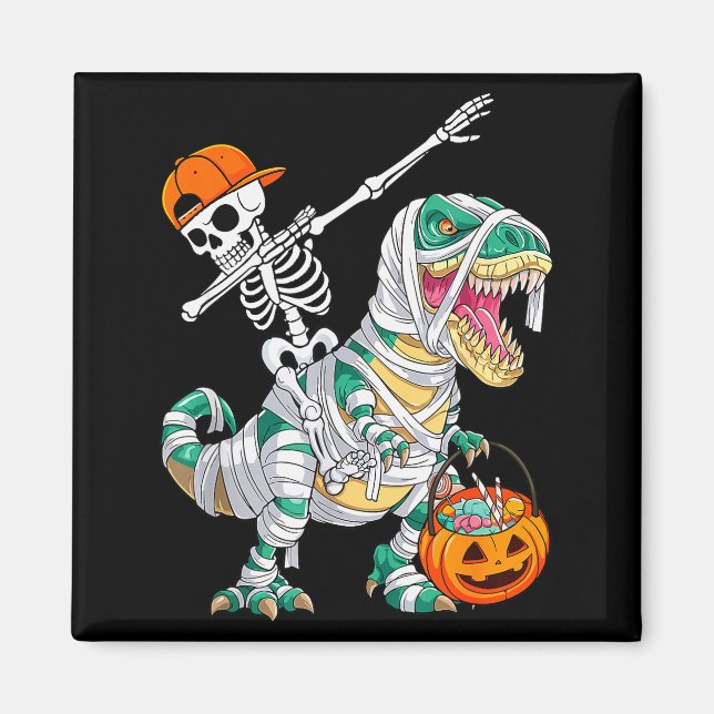 Skeleton Riding Dancing Dab Dinosaur T Rex Hallowe Magnet (Front)