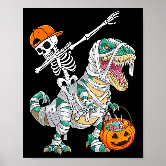 Skeleton Riding Dancing Dab Dinosaur T Rex Hallowe Poster (Front)