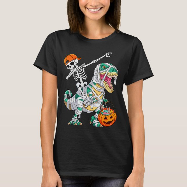 Skeleton Riding Dancing Dab Dinosaur T Rex Hallowe T-Shirt (Front)