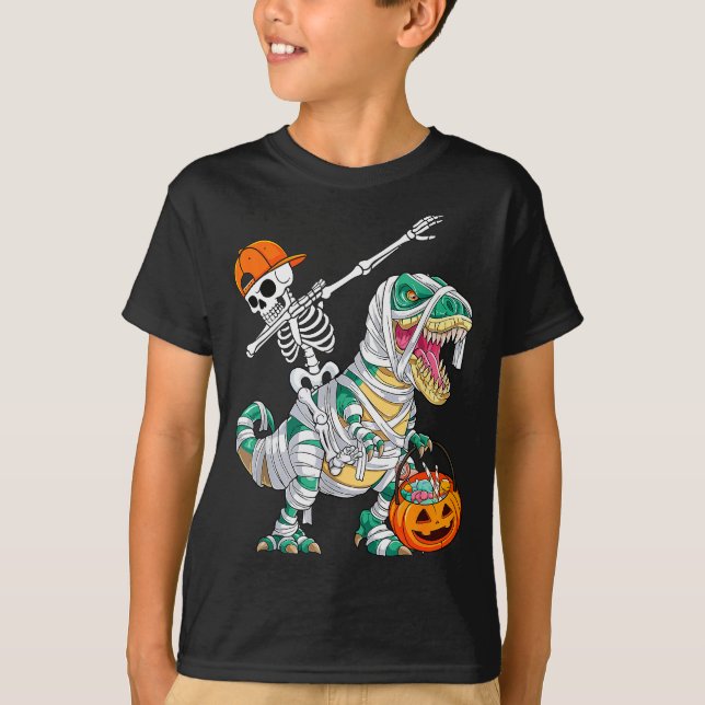 Skeleton Riding Dancing Dab Dinosaur T Rex Hallowe T-Shirt (Front)