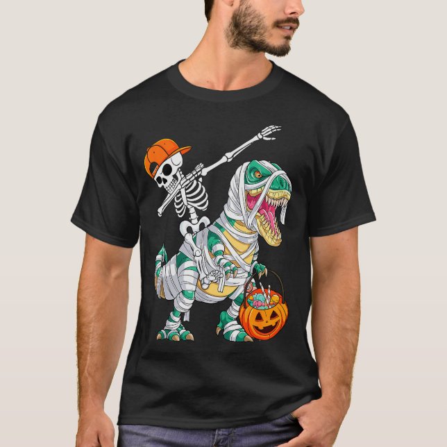 Skeleton Riding Dancing Dab Dinosaur T Rex Hallowe T-Shirt (Front)