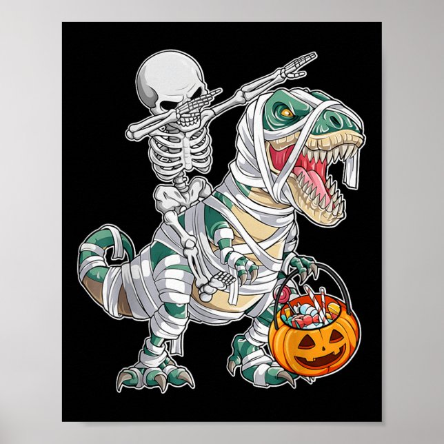 Skeleton Riding Dancing Dab Dinosaur Trex Hallowee Poster (Front)
