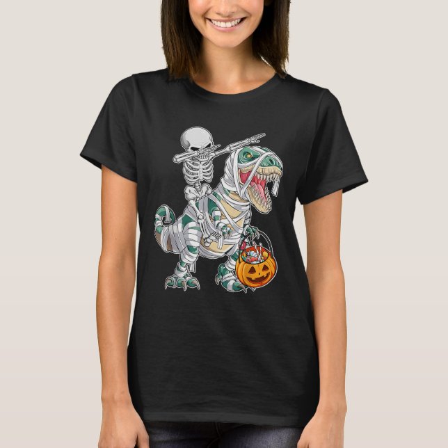 Skeleton Riding Dancing Dab Dinosaur Trex Hallowee T-Shirt (Front)