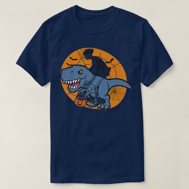 Skeleton Riding Dinosaur T re Halloween Funny Pump T-Shirt (Design Front)