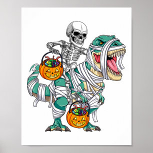 Skeleton Riding Dinosaur T Rex Fun Kids Boys Hallo Poster