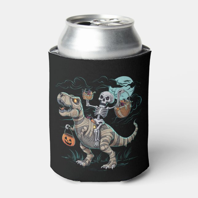 Skeleton Riding Dinosaur T rex Halloween Pumpkin Can Cooler (Can Front)