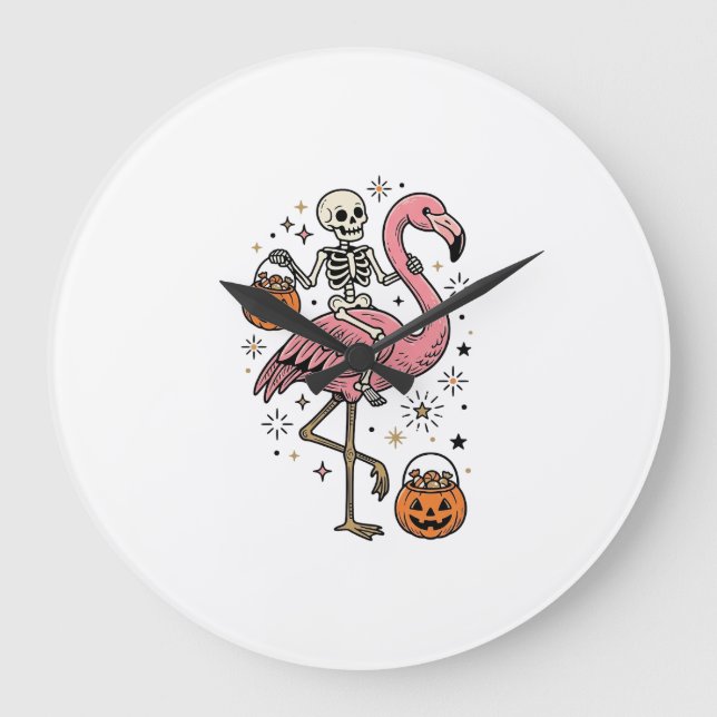 Skeleton Riding Flamingo Halloween Candy Shirt_1 Large Clock (Front)