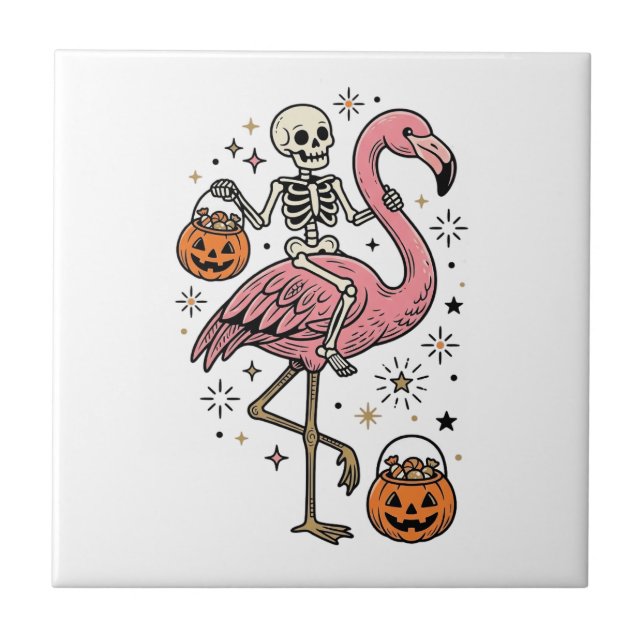 Skeleton Riding Flamingo Halloween Candy Shirt_1 Tile (Front)