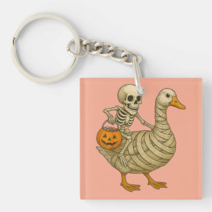 Skeleton Riding Mom Goose Halloween Funny Pumpkin Keychain