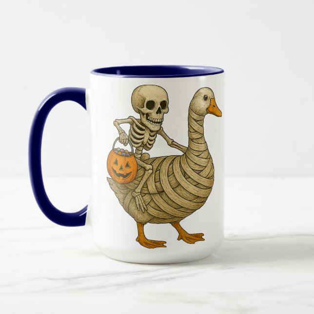 Skeleton Riding Mom Goose Halloween Funny Pumpkin Mug (Left)