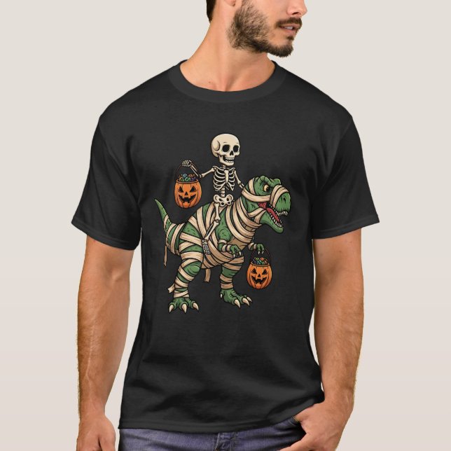 Skeleton Riding Mommy TRex Dinosaur Funny Hallowen T-Shirt (Front)