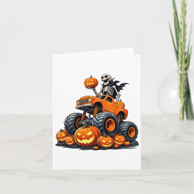Skeleton Riding Monster Truck Halloween Pumpkin Ki Card (Front)