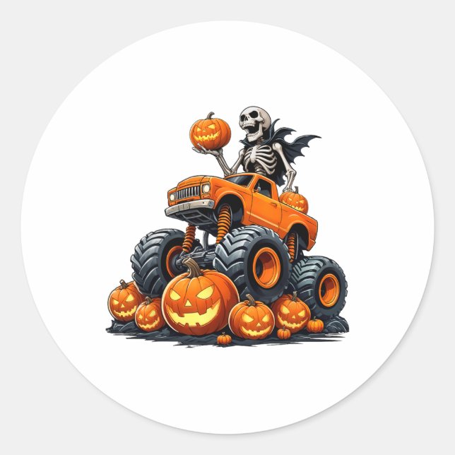 Skeleton Riding Monster Truck Halloween Pumpkin Ki Classic Round Sticker (Front)