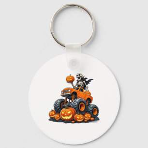 Skeleton Riding Monster Truck Halloween Pumpkin Ki Keychain